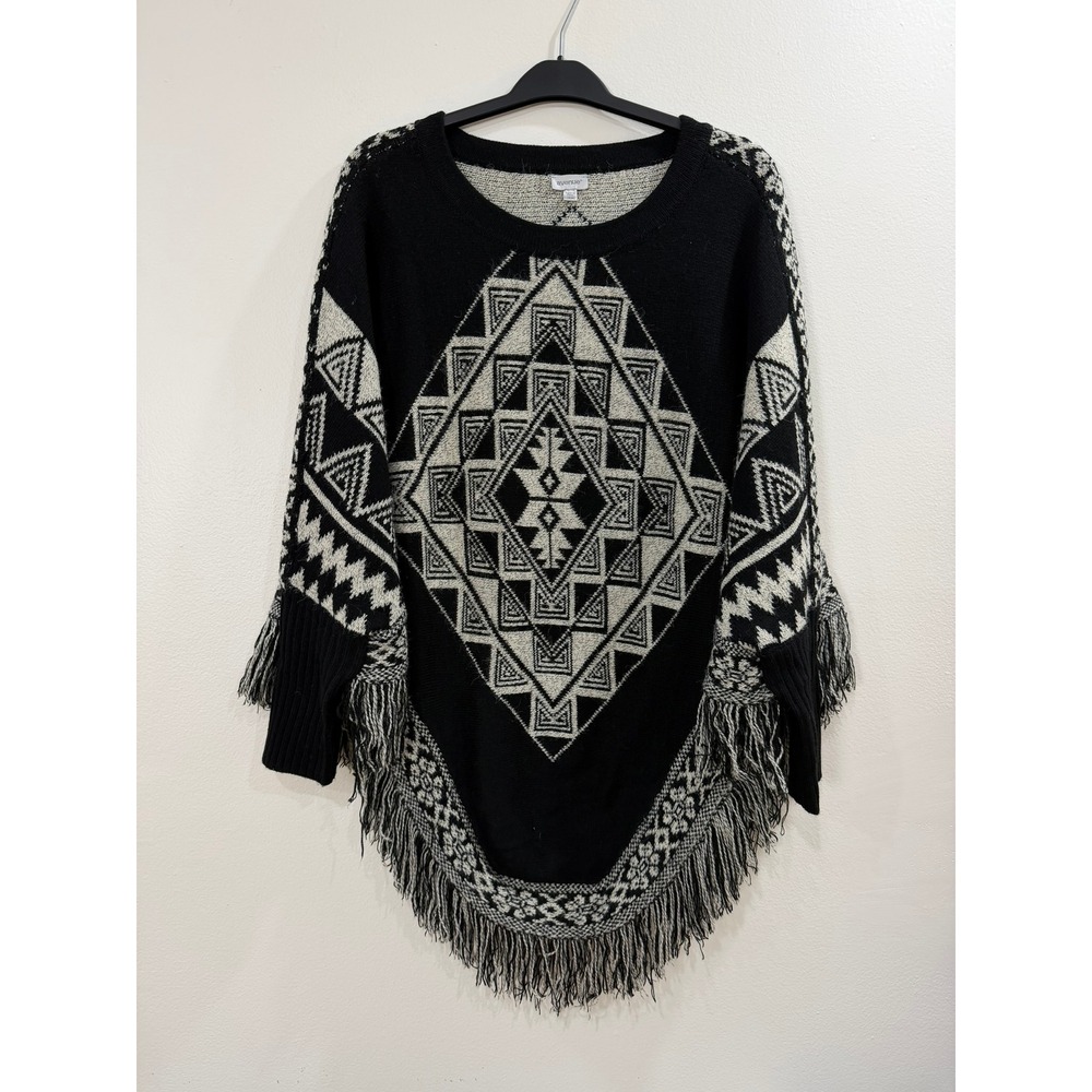 Avenue Poncho Sweater Womens 18/20 Black White Geometric Fringe Tribal Oversized